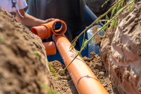 Construction worker fitting PVC pipes together in a trench.